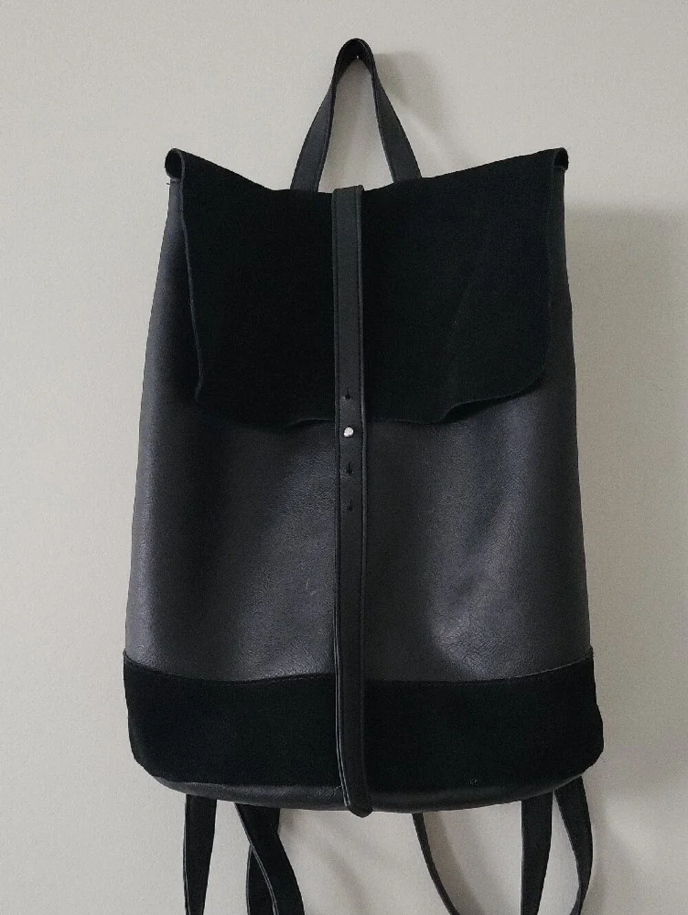 Black Faux Leather and Suede Fold-Over Backpack